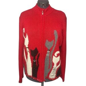 Coldwater Creek Cat Embellished Zip Front Sweater Red Womens 1X Beaded Trim
